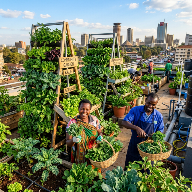 A thriving vertical garden full of lush vegetables funded by Adifa's WASH loans