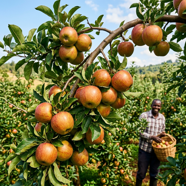 A healthy orchard of high-yield Wambugu apple trees bearing fruit